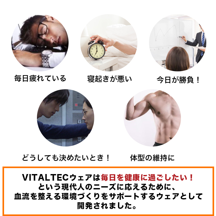 VITALTECウェアは毎日を健康に過ごしたいという現代人のニーズに応えるために、血流を整える環境づくりをサポートするウェアとして開発されました